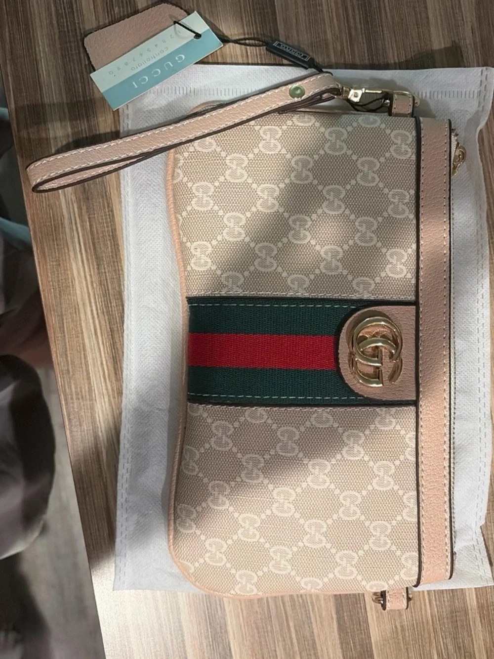 Gucci Beige Monogram Wristlet with Green and Red Web Stripe